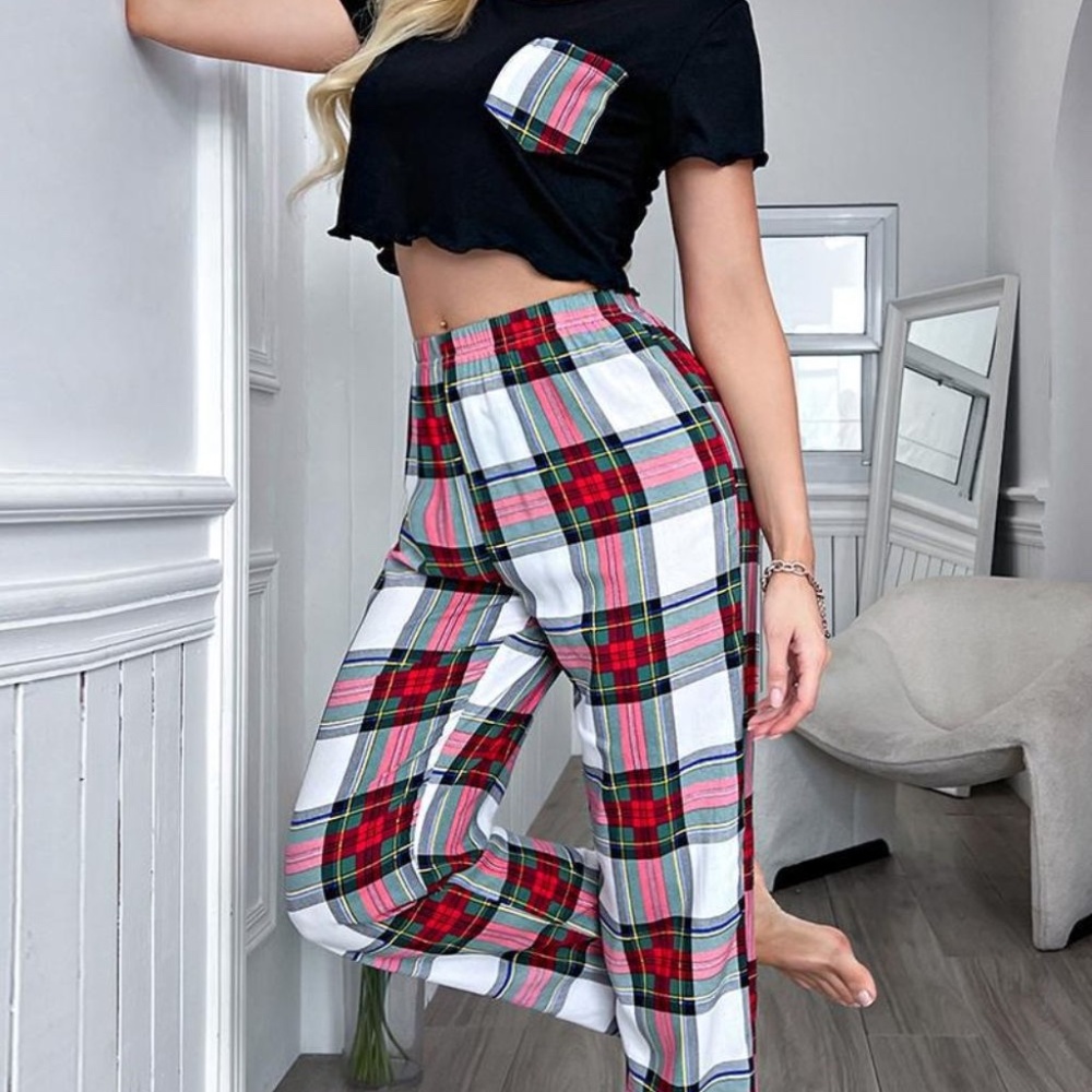 Lettuce Trim Cropped Women's T-Shirt and Plaid Pants Lounge Set